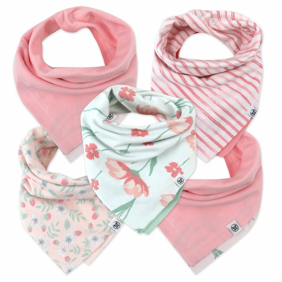 Baby (0-24M) Honest Baby Clothing | 5-Pack Organic Cotton Reversible Bandana Bib Burp Cloths Strawberry Pink Floral