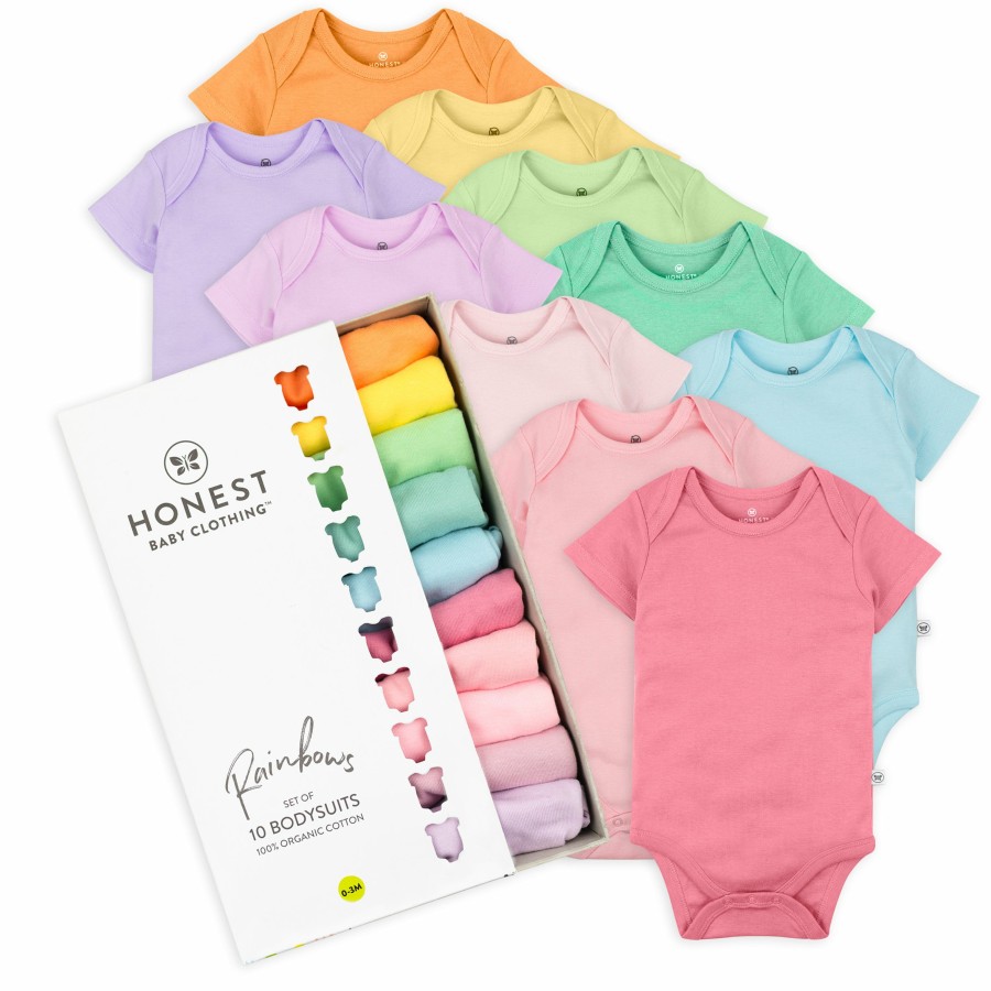 Baby (0-24M) Honest Baby Clothing | 10-Pack Happy Days Rainbow Short Sleeve Bodysuits Gift Set Rainbow Pinks