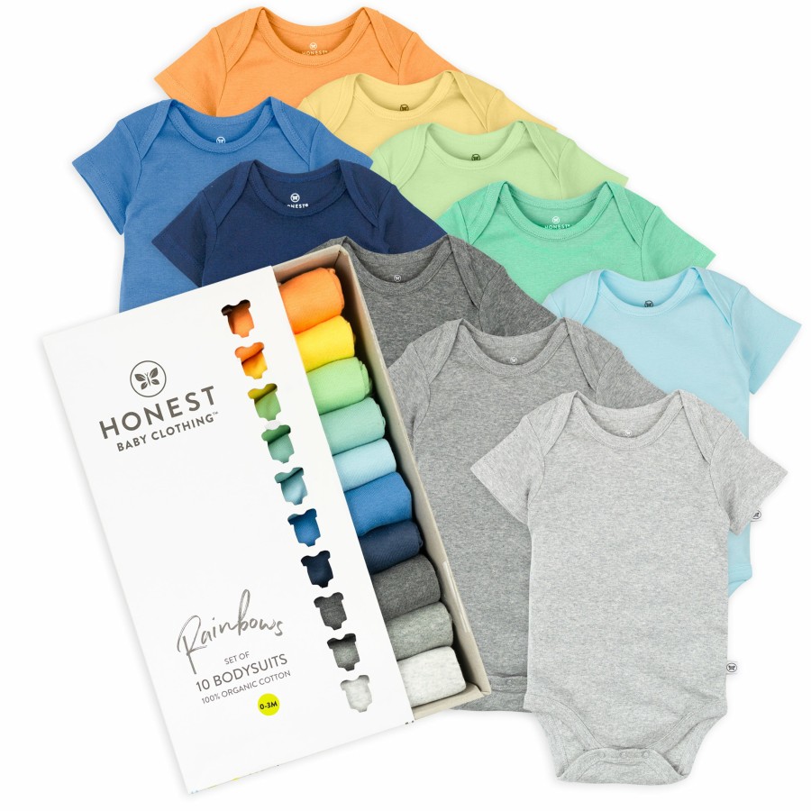 Baby (0-24M) Honest Baby Clothing | 10-Pack Happy Days Rainbow Short Sleeve Bodysuits Gift Set Rainbow Blues