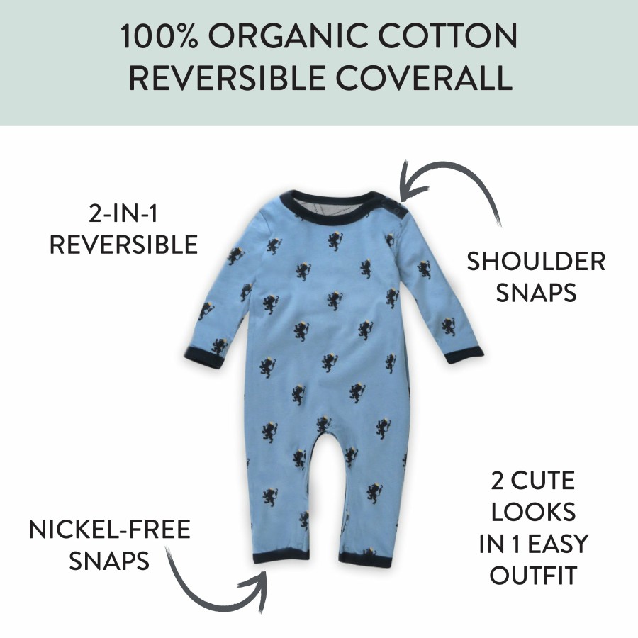 Baby (0-24M) Honest Baby Clothing | Organic Cotton Reversible Coverall Blue Lion Crest