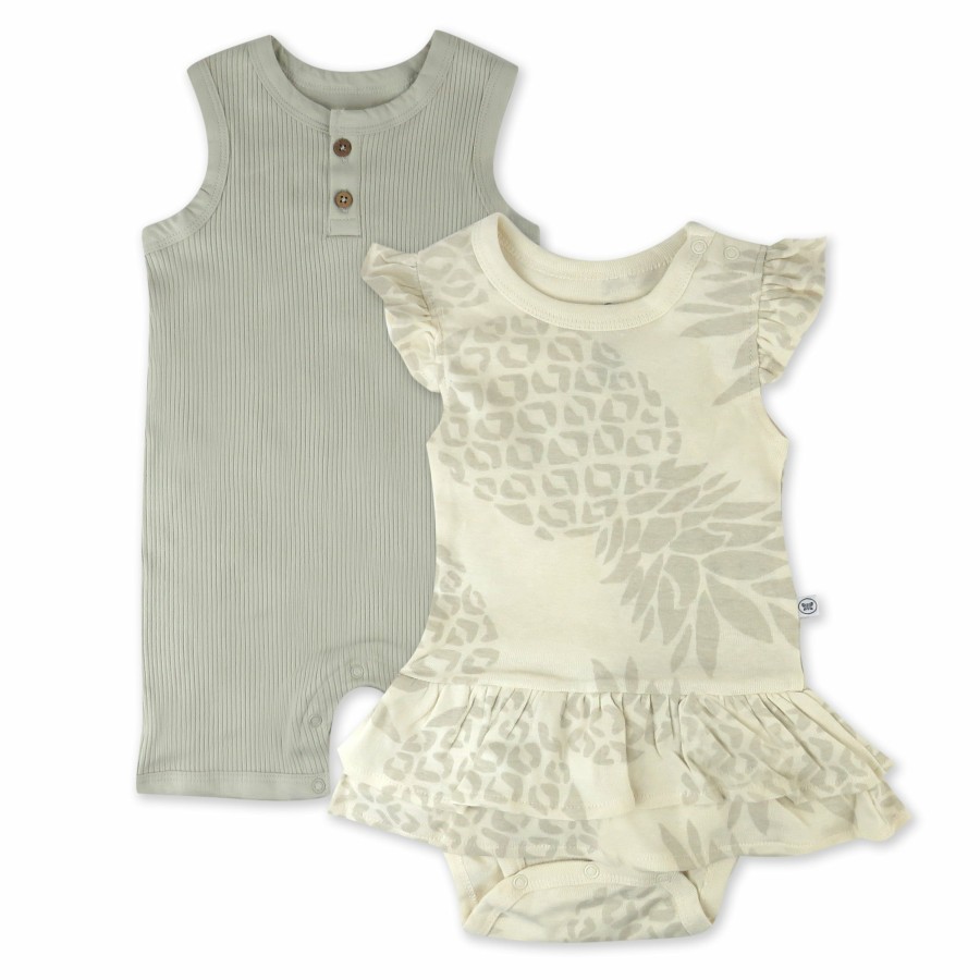 Baby (0-24M) Honest Baby Clothing | 2-Piece Rib Short Romper & Bubble Dress Set Pineapple Leaf Khaki