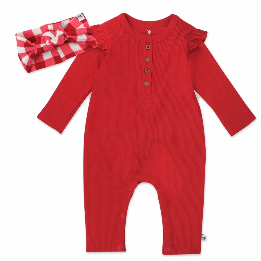 Baby (0-24M) Honest Baby Clothing | 2-Piece Organic Cotton Holiday Flutter Sleeve Coverall And Headband Set