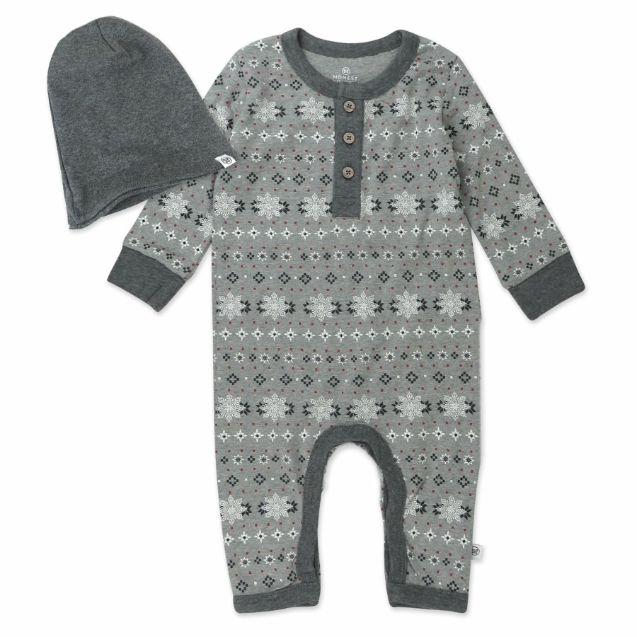 Baby (0-24M) Honest Baby Clothing | 2-Piece Organic Cotton Coverall And Beanie Set Fair Isle Gray