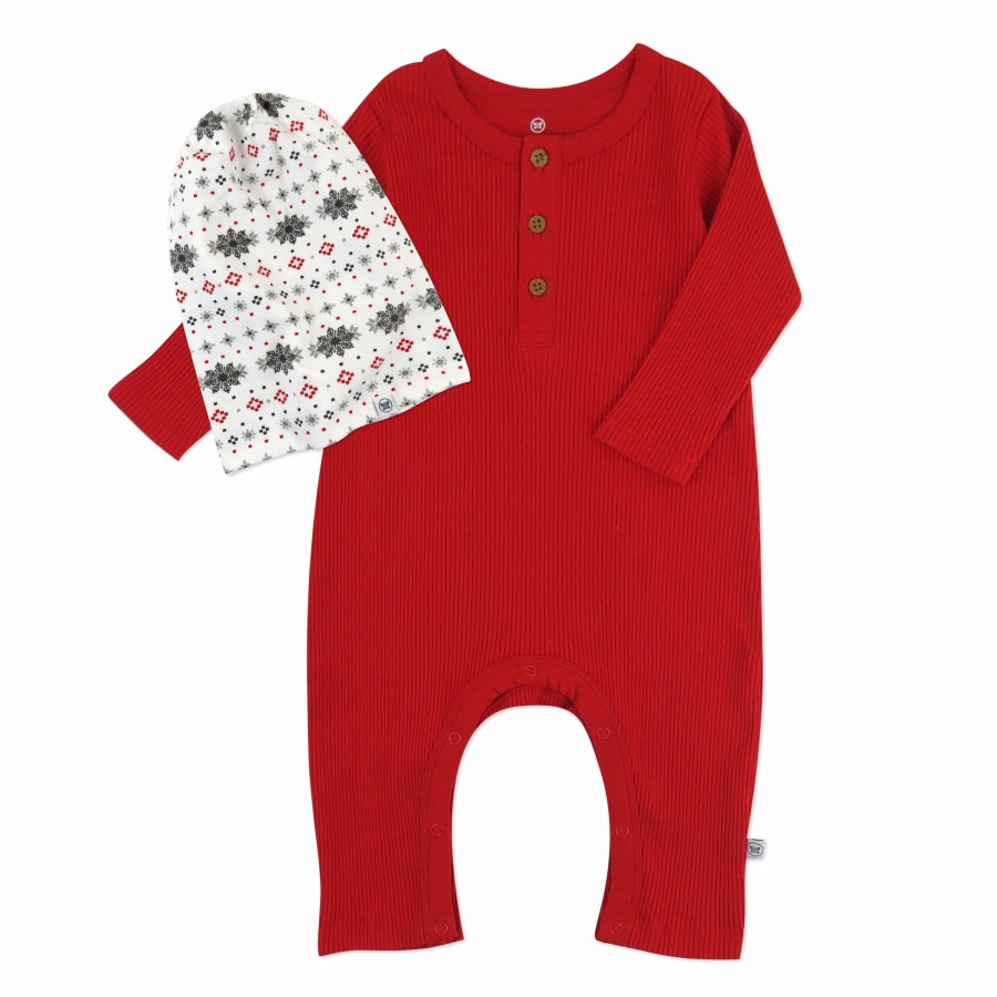 Baby (0-24M) Honest Baby Clothing | 2-Piece Organic Cotton Holiday Long Sleeve Rib Coverall And Beanie Set