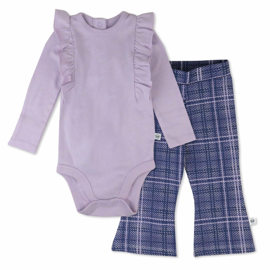 Baby (0-24M) Honest Baby Clothing | 2-Piece Long Sleeve Ruffle Shoulder Bodysuit & Flare Legging Set Purple Plaid