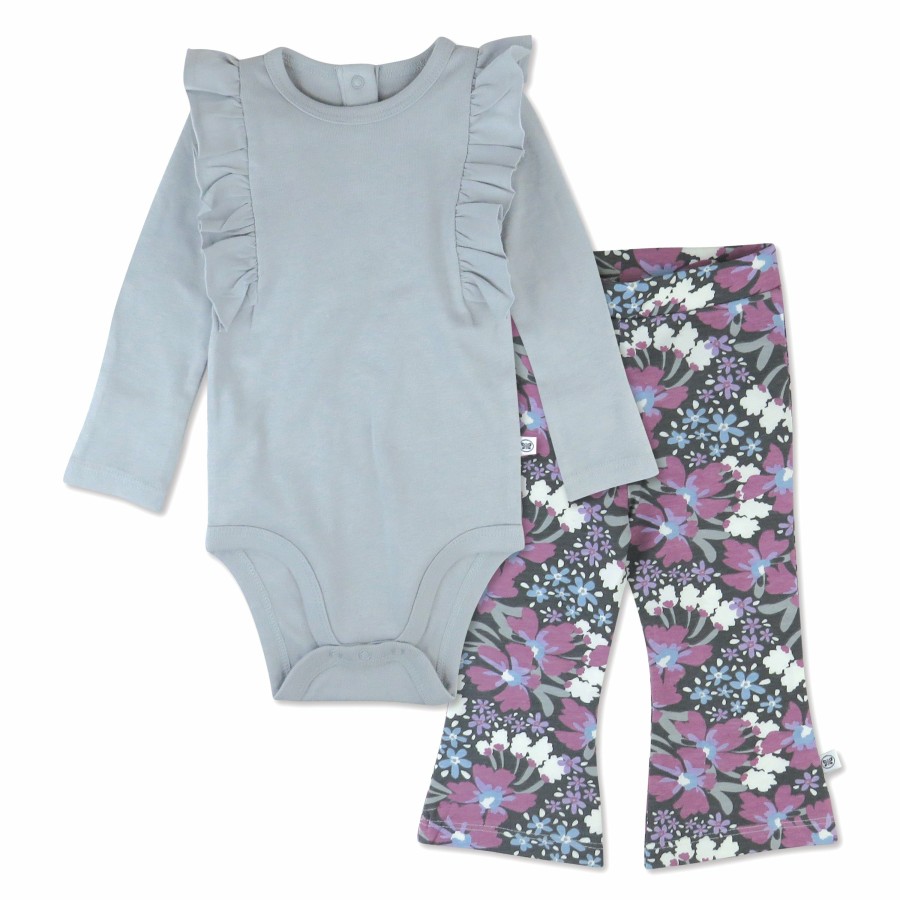 Baby (0-24M) Honest Baby Clothing | 2-Piece Long Sleeve Ruffle Shoulder Bodysuit & Flare Legging Set Jumbo Floral Dusty Purple