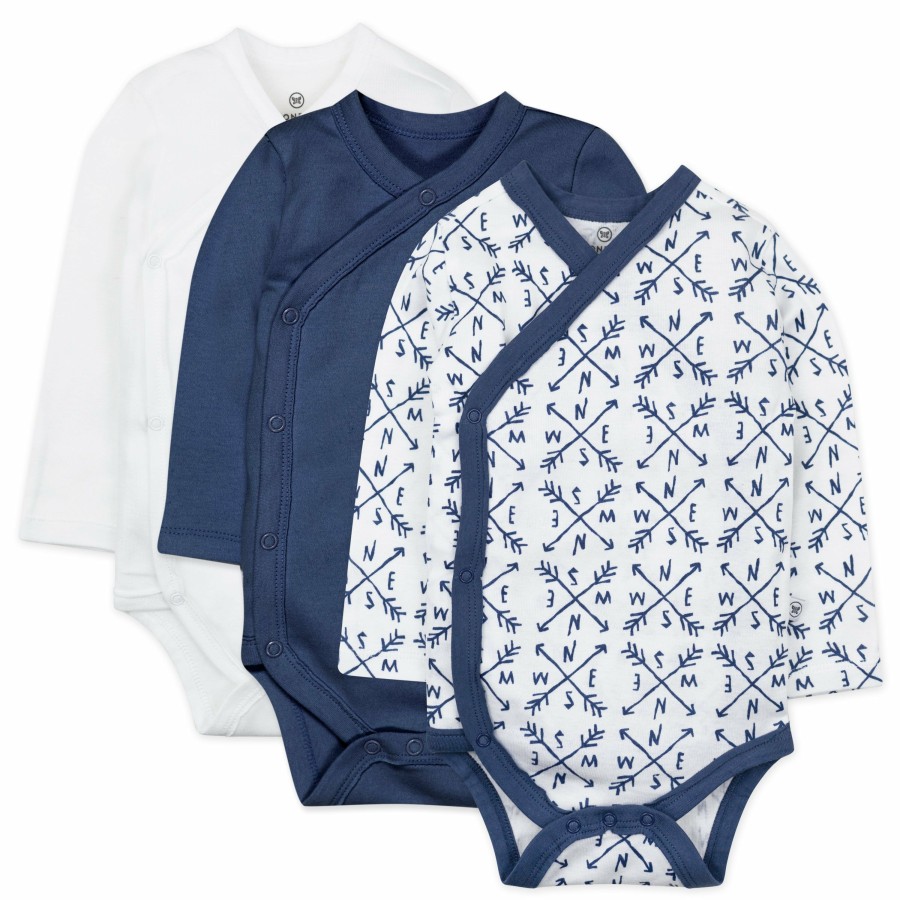 Baby (0-24M) Honest Baby Clothing | 3-Pack Organic Cotton Long Sleeve Side-Snap Bodysuits Compass Blue