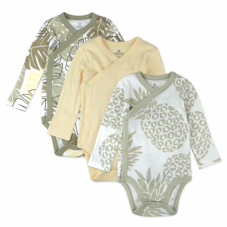 Baby (0-24M) Honest Baby Clothing | 3-Pack Organic Cotton Long Sleeve Side-Snap Bodysuits Jungle Leaf Khaki