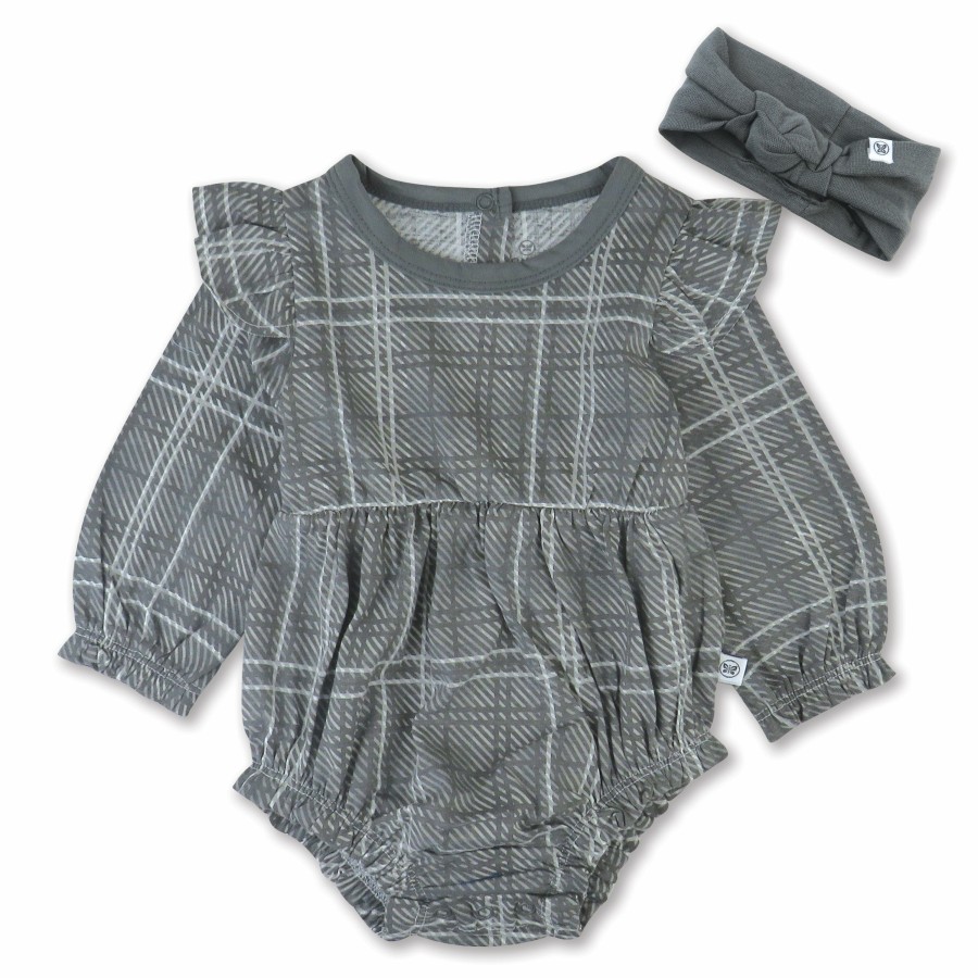 Baby (0-24M) Honest Baby Clothing | 2-Piece Bubble Romper & Headband Set Gray Plaid