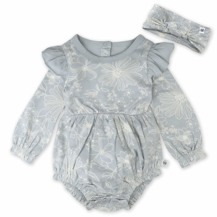 Baby (0-24M) Honest Baby Clothing | 2-Piece Bubble Romper & Headband Set Sketchy Floral Gray