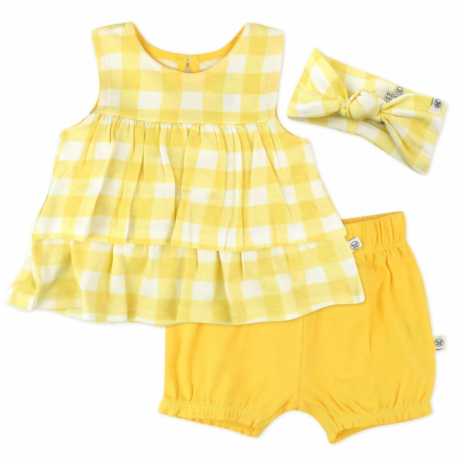 Toddler (2-5T) Honest Baby Clothing | 3-Piece Organic Cotton Ruffle Top, Short And Headband Set Yellow Painted Buffalo Check