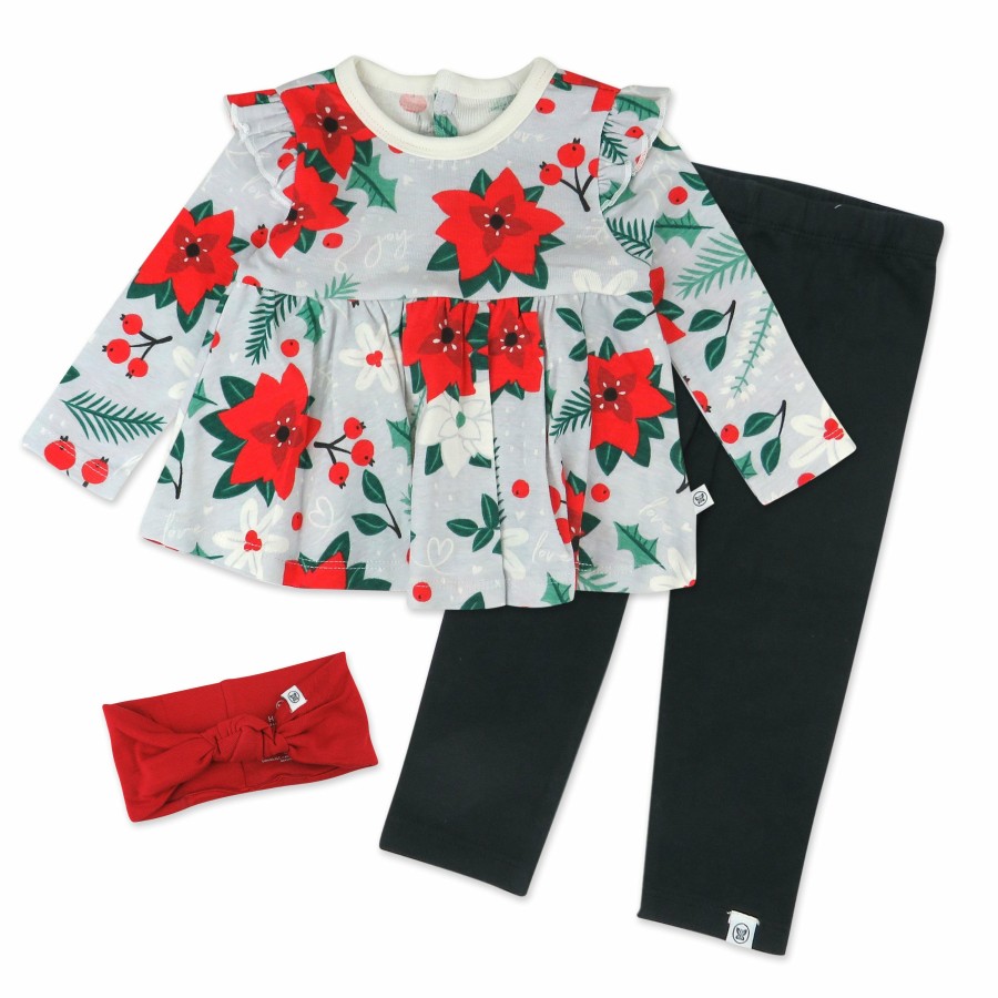 Baby (0-24M) Honest Baby Clothing | 3-Piece Organic Cotton Holiday Tunic, Legging And Headband Set Holiday Gray Floral