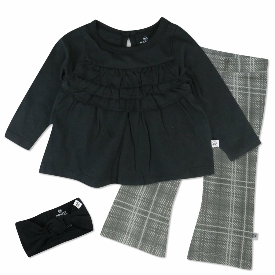 Toddler (2-5T) Honest Baby Clothing | 3-Piece Ruffle Top, Flare Legging & Headband Set Gray Plaid