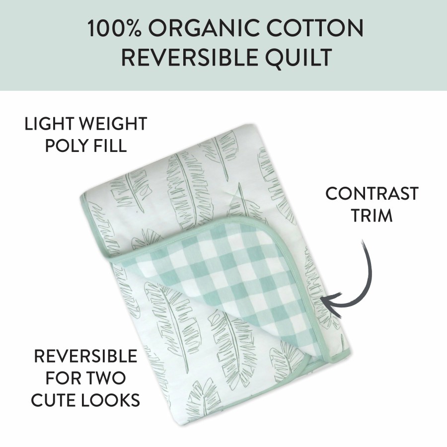 Bedding Honest Baby Clothing | Organic Cotton Hand-Quilted Reversible Baby Blanket Jumbo Leaf Sage