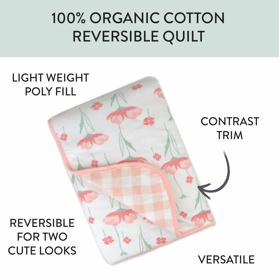 Bedding Honest Baby Clothing | Organic Cotton Hand-Quilted Reversible Baby Blanket Strawberry Pink Floral