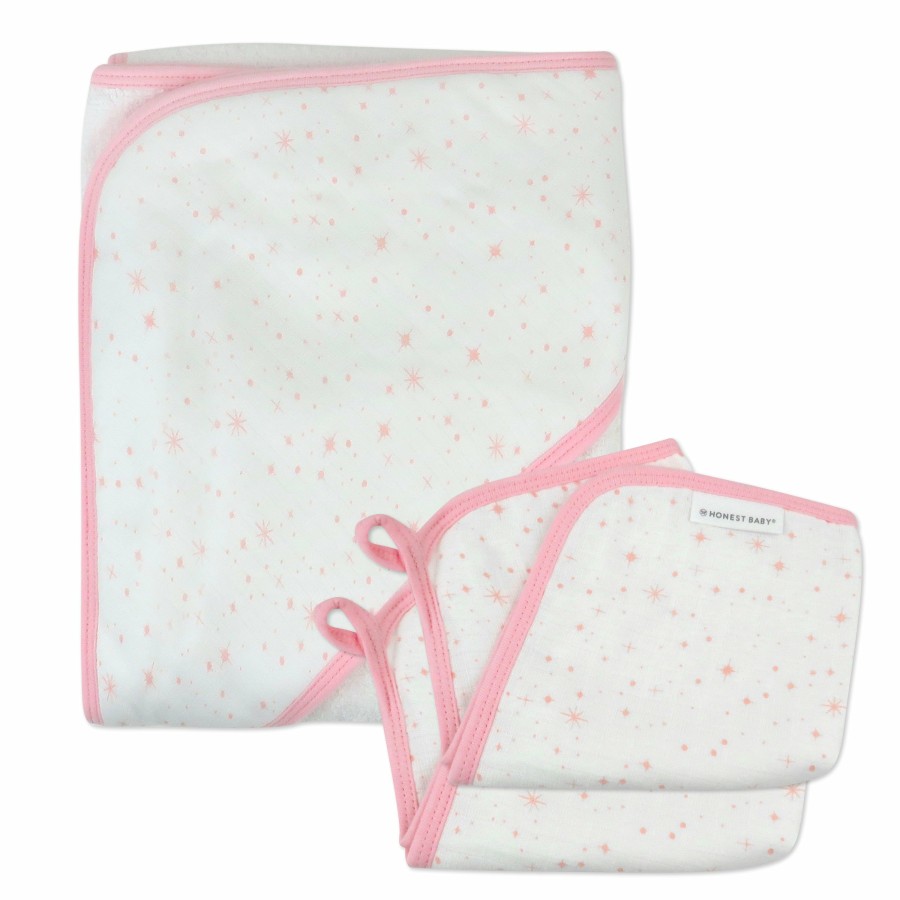 Bath Honest Baby Clothing | 3-Piece Organic Cotton Hooded Towel Set Twinkle Star White/Pink