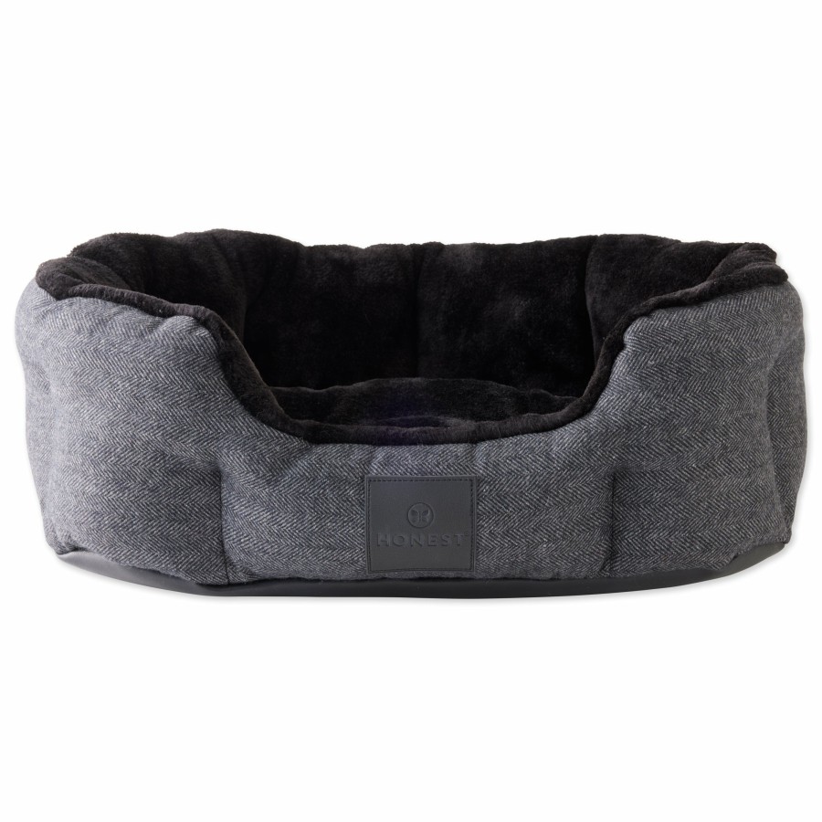 Pet Honest Baby Clothing | Tweed/Faux Fur Dog Bed With Removable Pillow Black/Gray Herringbone