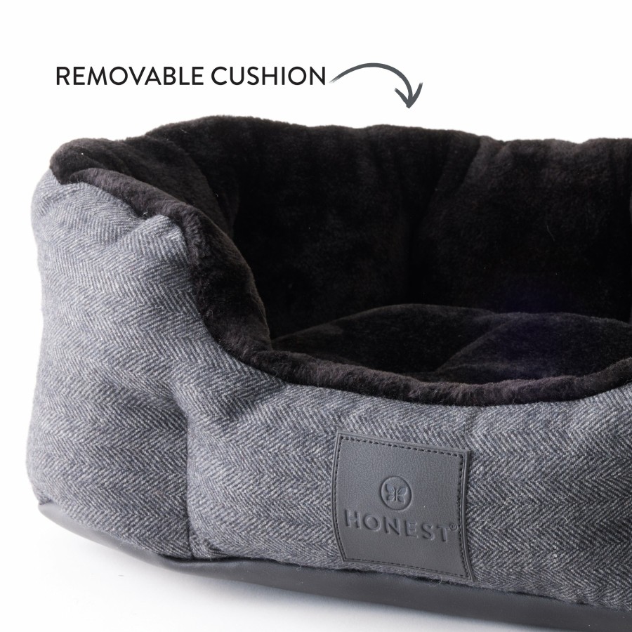 Pet Honest Baby Clothing | Tweed/Faux Fur Dog Bed With Removable Pillow Black/Gray Herringbone