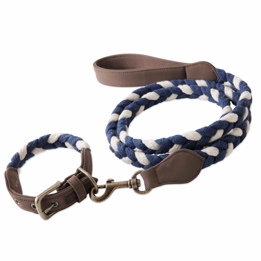 Pet Honest Baby Clothing | 2-Piece Vegan Suede Collar & Braided Cotton Rope Leash Set Navy/Ivory