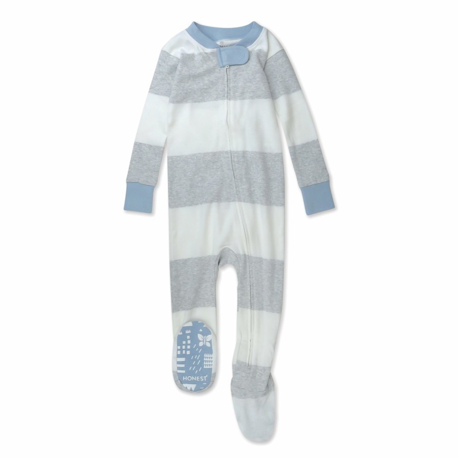 Baby (0-24M) Honest Baby Clothing | Organic Cotton Snug-Fit Footed Pajamas Rugby Stripe Light Heather Gray