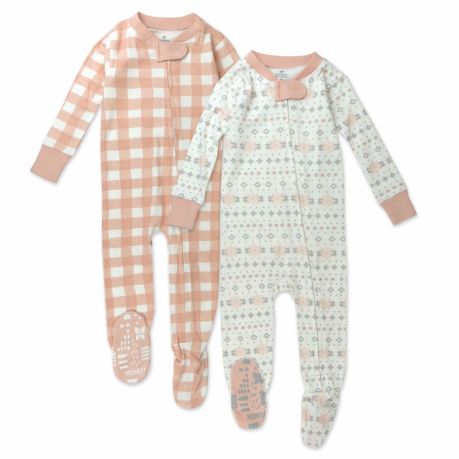 Baby (0-24M) Honest Baby Clothing | 2-Pack Organic Cotton Holiday Snug-Fit Footed Pajamas Fair Isle Ivory Pink