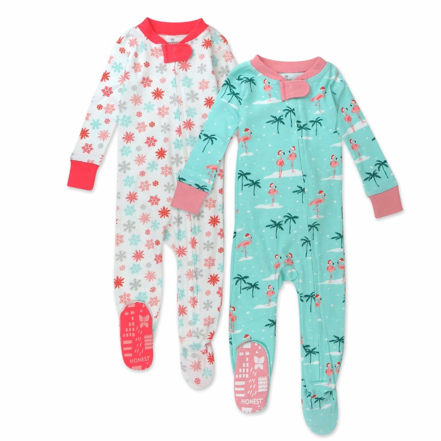 Baby (0-24M) Honest Baby Clothing | 2-Pack Organic Cotton Holiday Snug-Fit Footed Pajamas Santa Flamingo