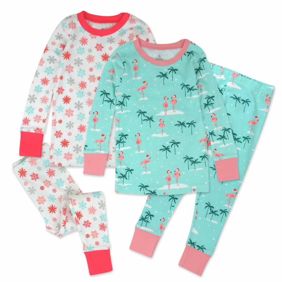 Baby (0-24M) Honest Baby Clothing | 4-Piece Organic Cotton Holiday Pj Set Santa Flamingo