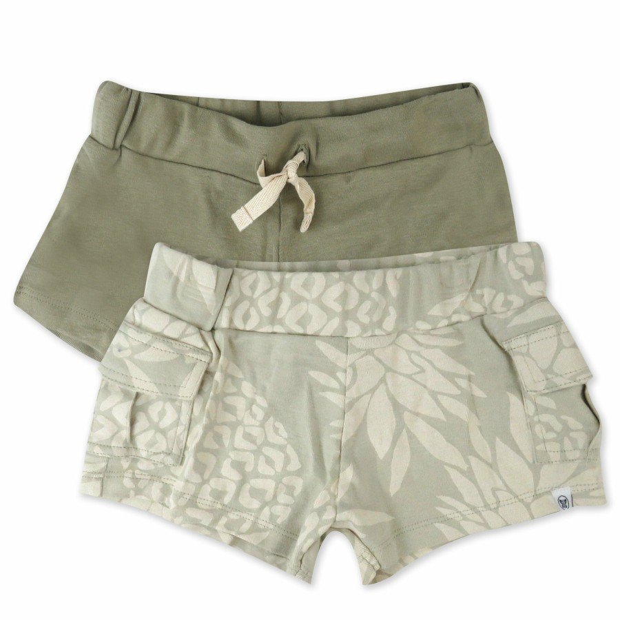 Toddler (2-5T) Honest Baby Clothing | Toddler 2-Piece Organic Cotton Cargo And Pocket Short Set Pineapple Leaf Khaki