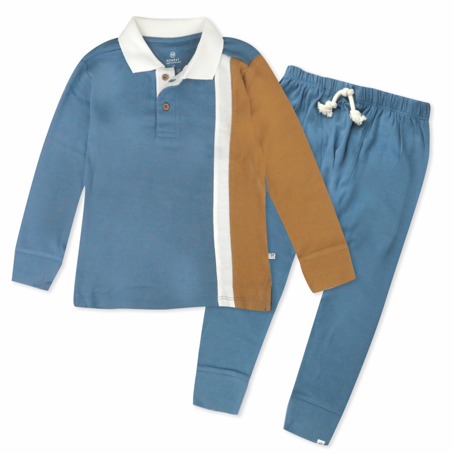 Toddler (2-5T) Honest Baby Clothing | Toddler Long Sleeve Rugby Polo Shirt & Pant Set Block Blue