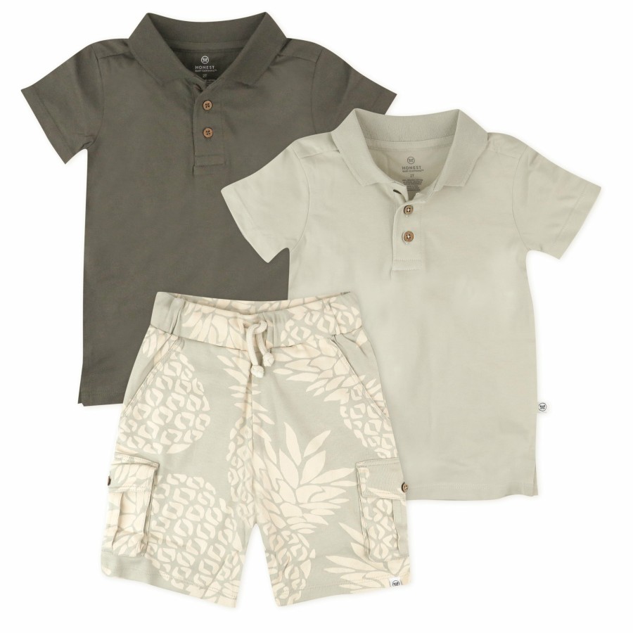 Toddler (2-5T) Honest Baby Clothing | Toddler 3-Piece Polo Shirt And Short Set Pineapple Leaf Khaki