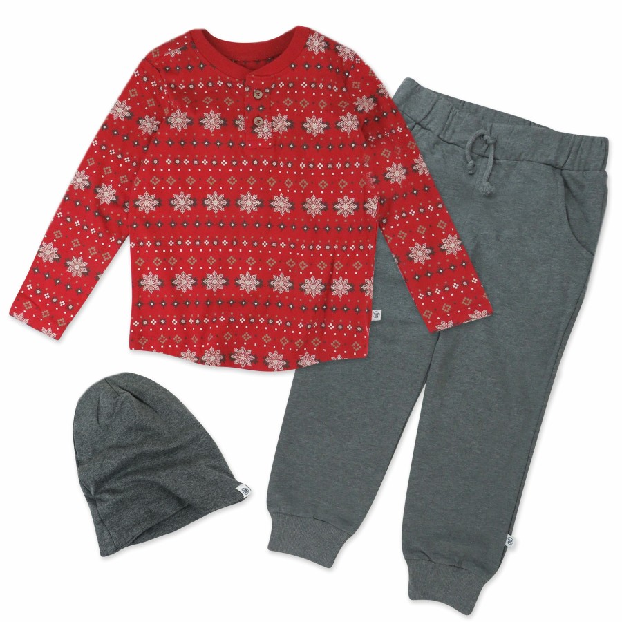 Toddler (2-5T) Honest Baby Clothing | Toddler 3-Piece Organic Cotton Holiday Henley, Sweatpant, Beanie Set Fair Isle Red