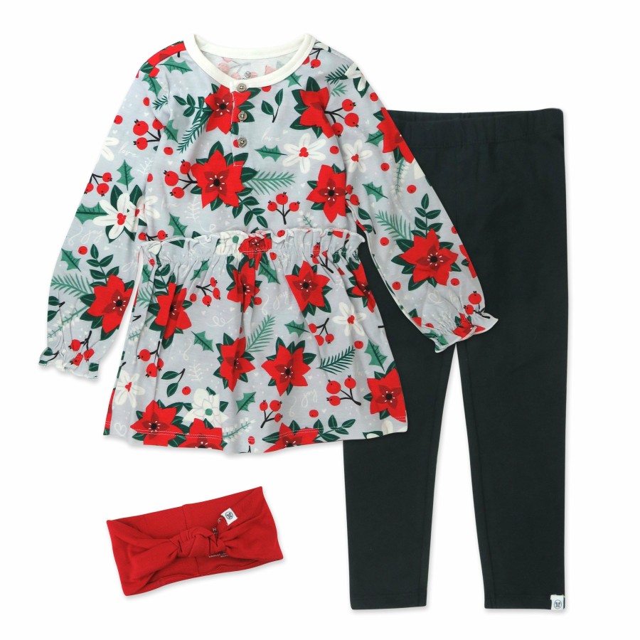 Toddler (2-5T) Honest Baby Clothing | Toddler 3-Piece Organic Cotton Holiday Tunic, Legging And Headband Set Holiday Gray Floral