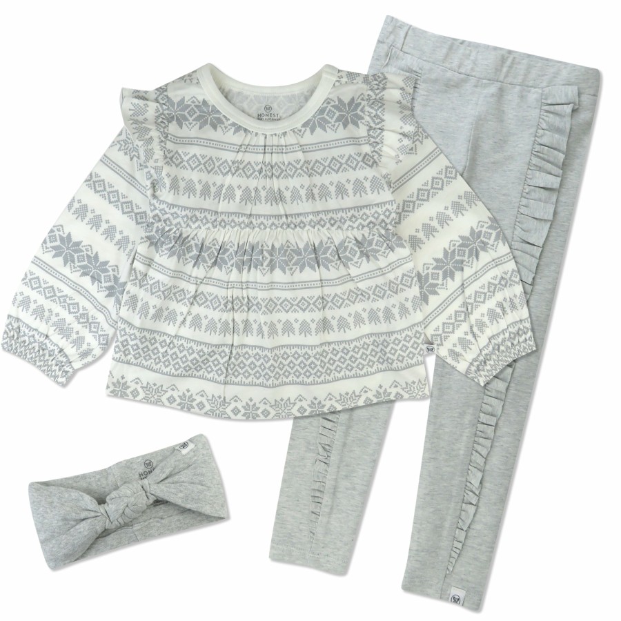 Toddler (2-5T) Honest Baby Clothing | Toddler 3-Piece Ruffle Shoulder Top, Ruffle Front Legging & Headband Set Light Gray Heather