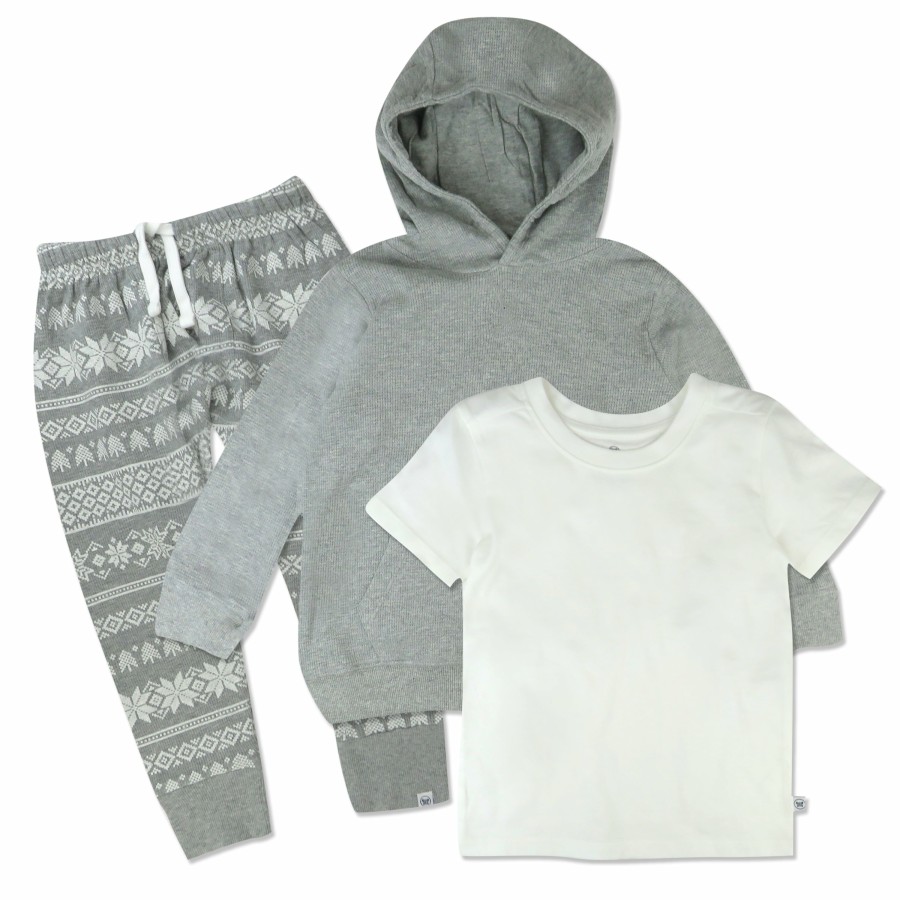 Toddler (2-5T) Honest Baby Clothing | Toddler 3-Piece Hooded Pullover, Short Sleeve T-Shirt & Honest Pant Set Fair Isle Grey